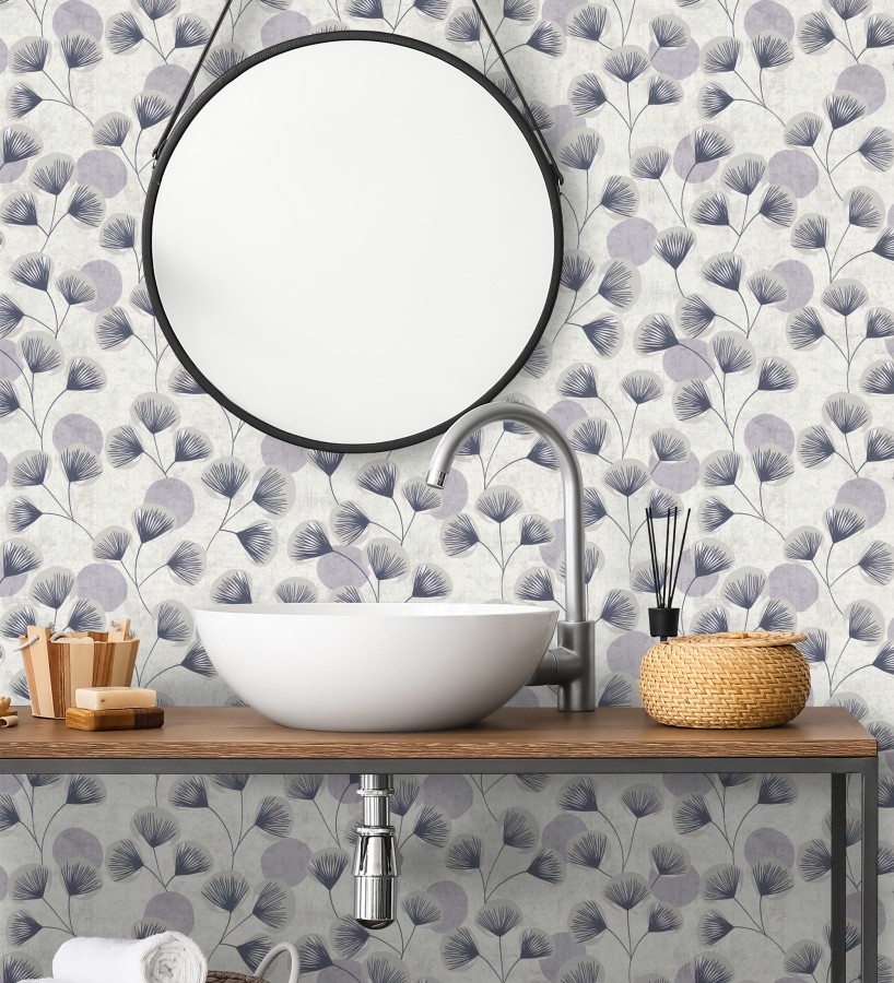 Papel pintado flores japonesas grises con forma de abanico estilo retro  Sakura Delicate 684958