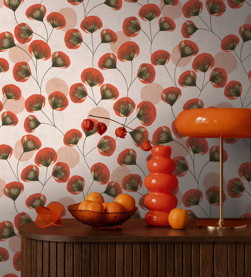 Papel pintado flores japonesas rojas con forma de abanico estilo retro  Sakura Delicate 684959