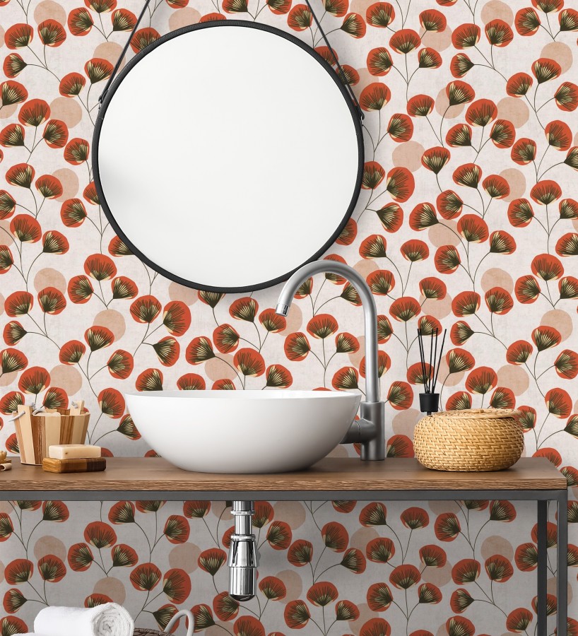 Papel pintado flores japonesas rojas con forma de abanico estilo retro  Sakura Delicate 684959