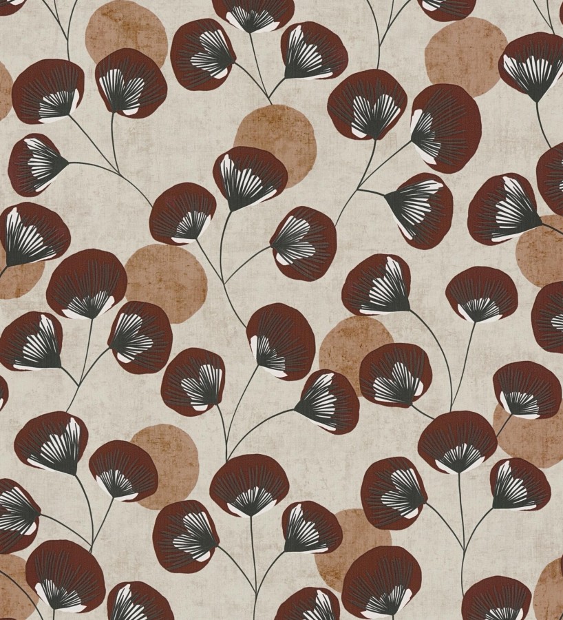 Papel pintado flores japonesas rojo cordobán con forma de abanico estilo retro  Sakura Delicate 684960