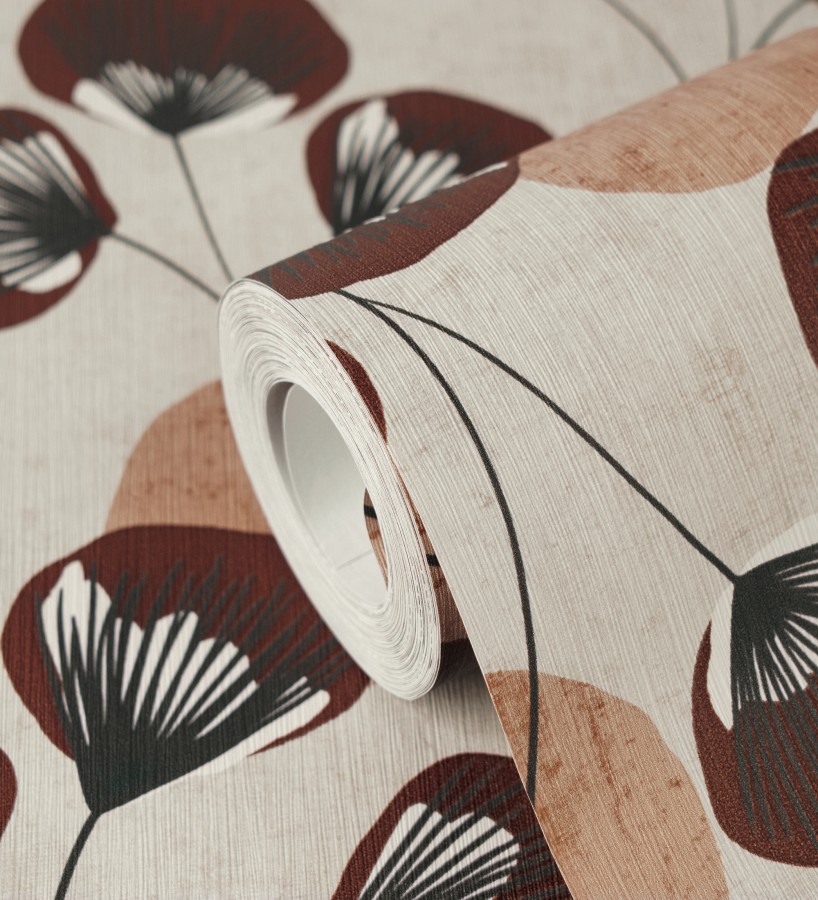Papel pintado flores japonesas rojo cordobán con forma de abanico estilo retro  Sakura Delicate 684960