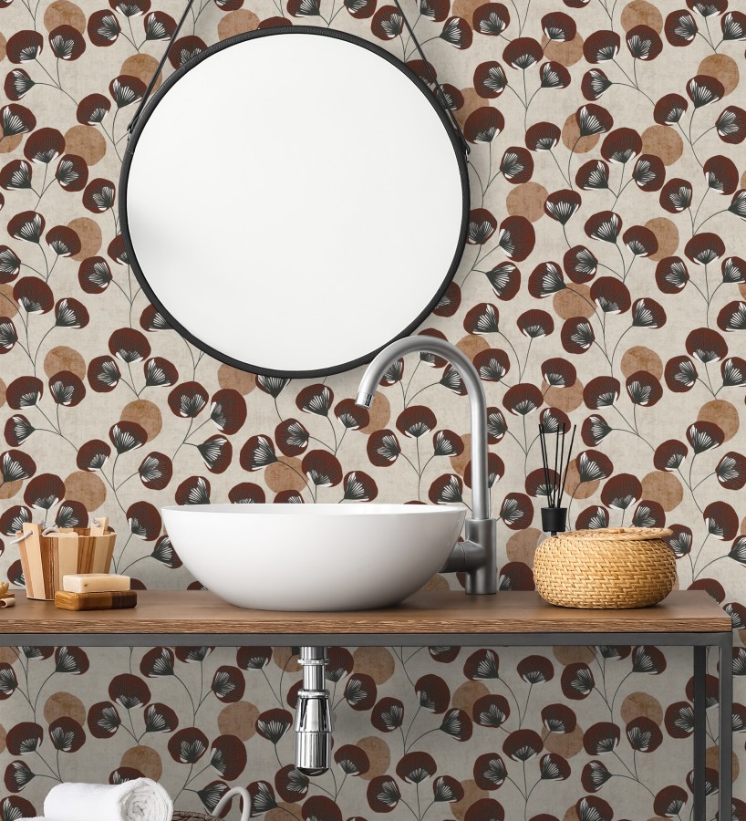 Papel pintado flores japonesas rojo cordobán con forma de abanico estilo retro  Sakura Delicate 684960