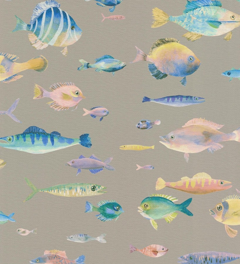 Papel pintado dibujo peces vintage refinado fondo color taupe texturizado  Lagoon Colorful 684970