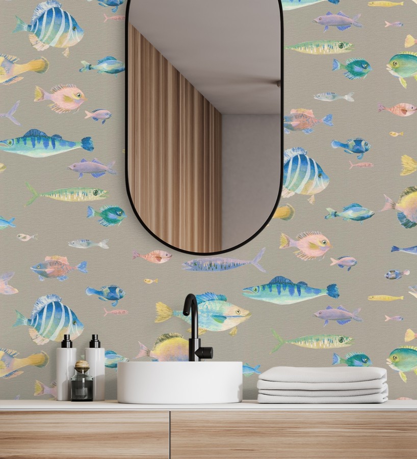 Papel pintado dibujo peces vintage refinado fondo color taupe texturizado  Lagoon Colorful 684970