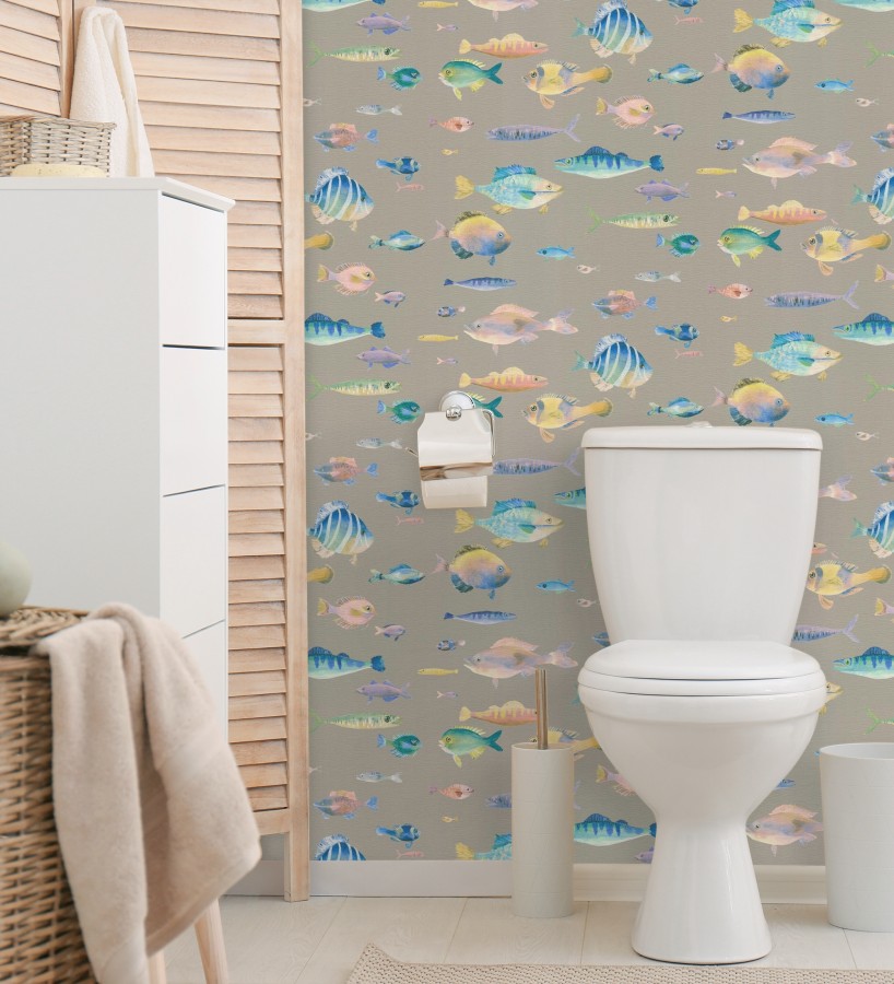 Papel pintado dibujo peces vintage refinado fondo color taupe texturizado  Lagoon Colorful 684970