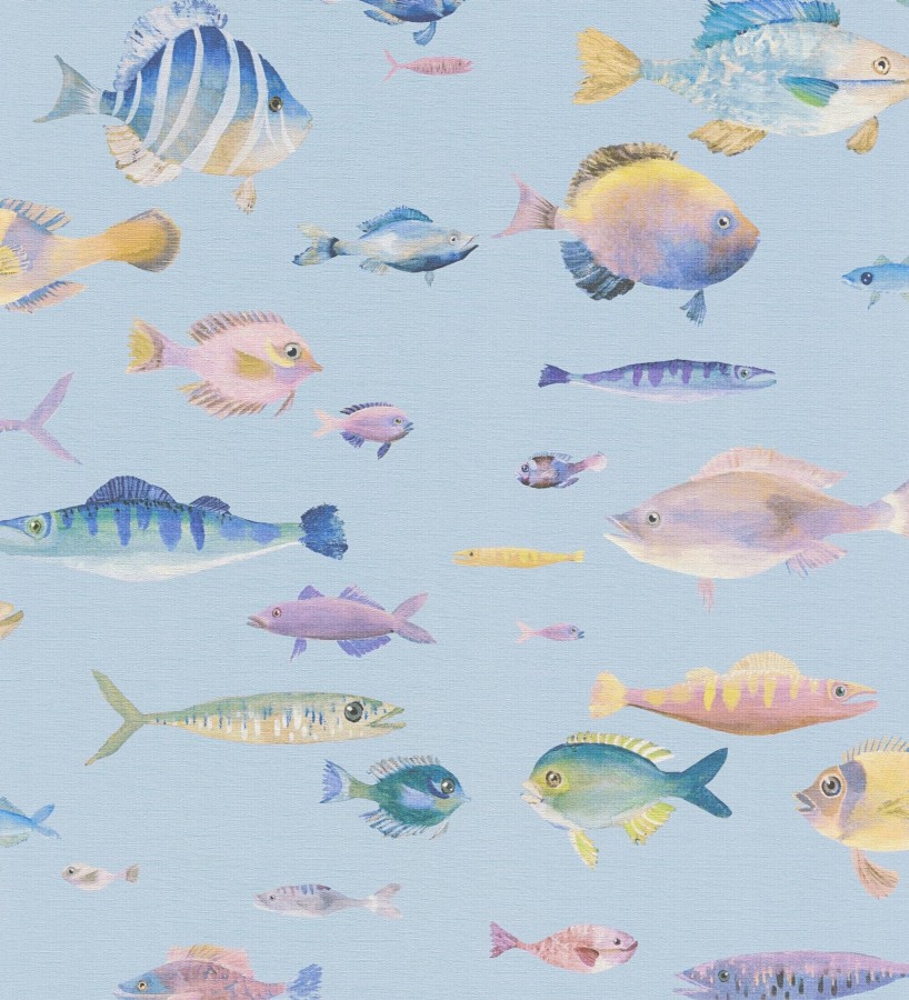 Papel pintado dibujo peces vintage refinado fondo color azul texturizado  Lagoon Colorful 684971