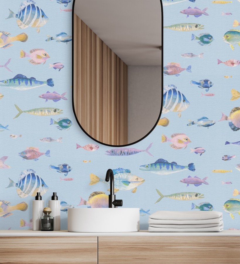 Papel pintado dibujo peces vintage refinado fondo color azul texturizado  Lagoon Colorful 684971