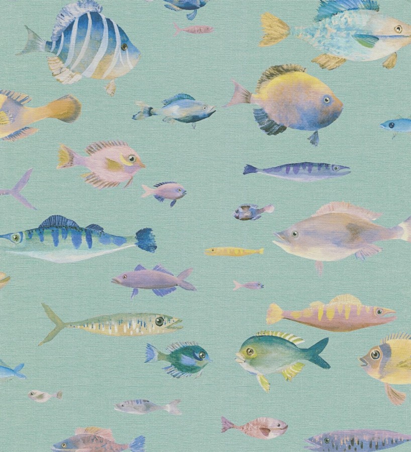 Papel pintado dibujo peces vintage refinado fondo color verde texturizado  Lagoon Colorful 684972