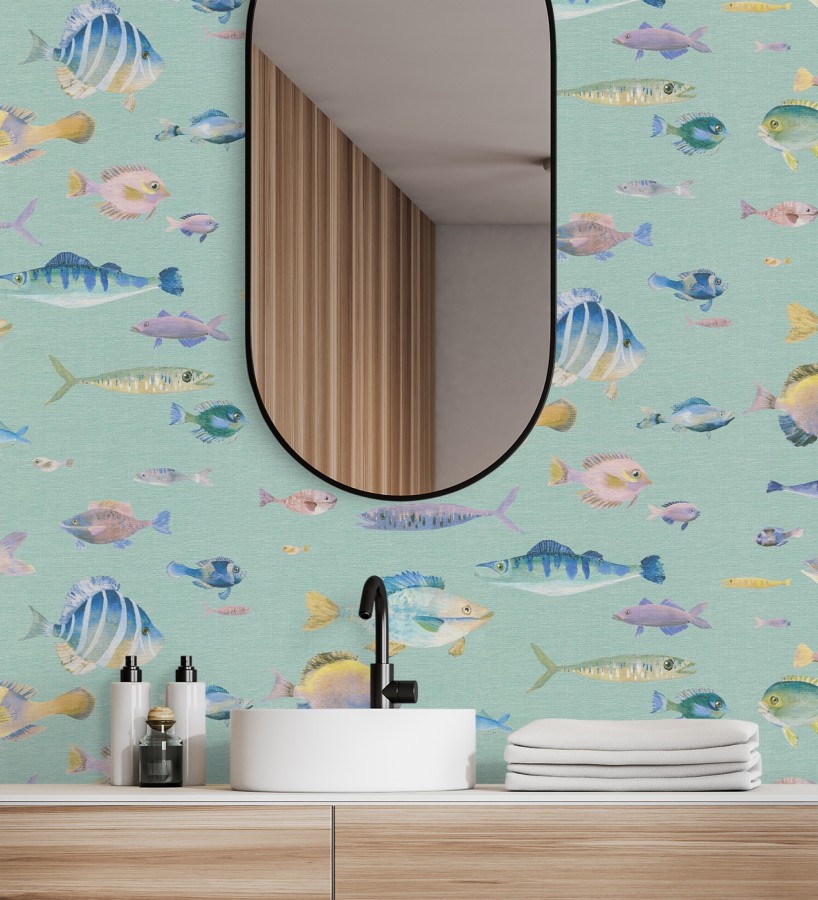 Papel pintado dibujo peces vintage refinado fondo color verde texturizado  Lagoon Colorful 684972