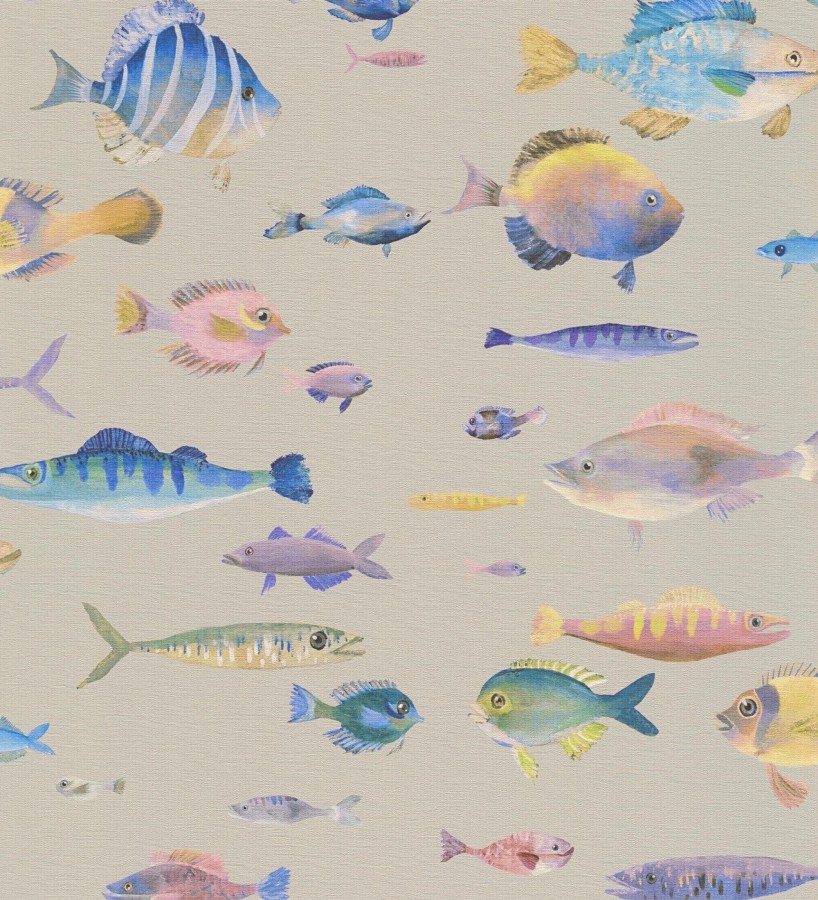 Papel pintado dibujo peces vintage refinado fondo color beige texturizado  Lagoon Colorful 684973
