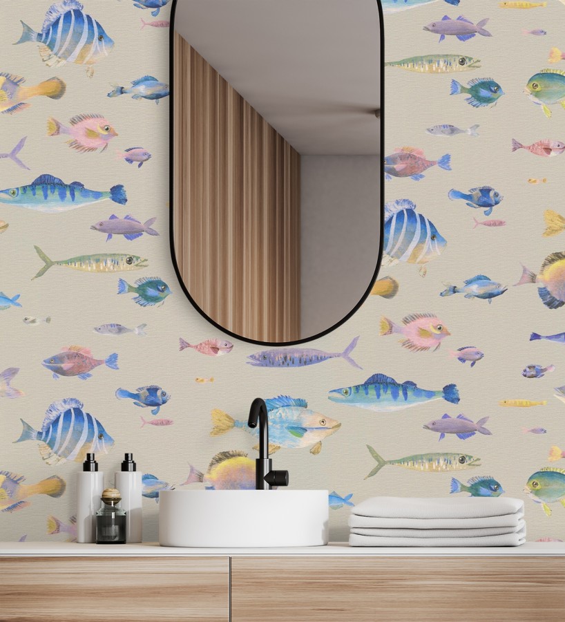 Papel pintado dibujo peces vintage refinado fondo color beige texturizado  Lagoon Colorful 684973