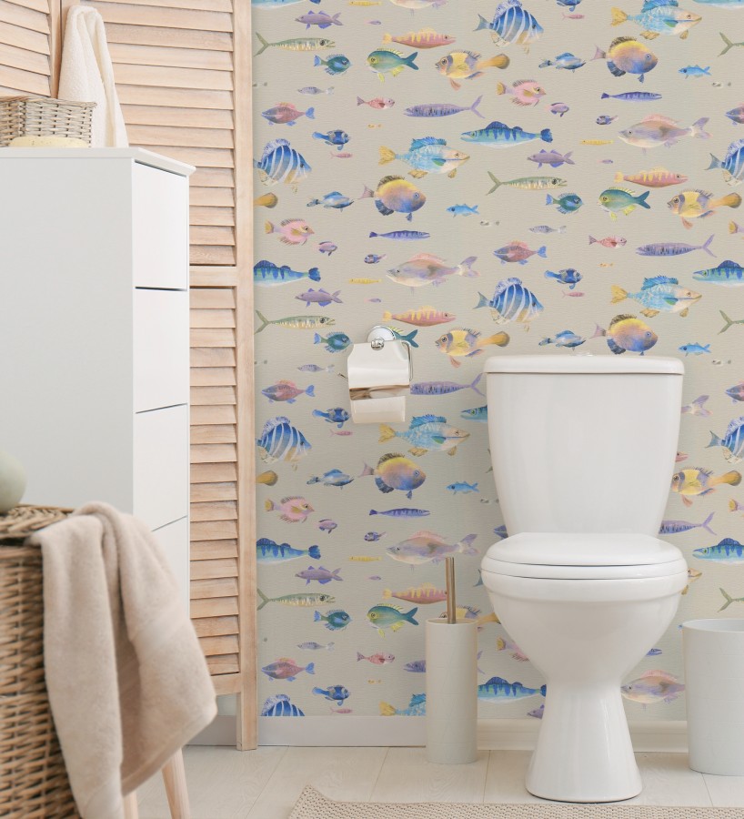 Papel pintado dibujo peces vintage refinado fondo color beige texturizado  Lagoon Colorful 684973