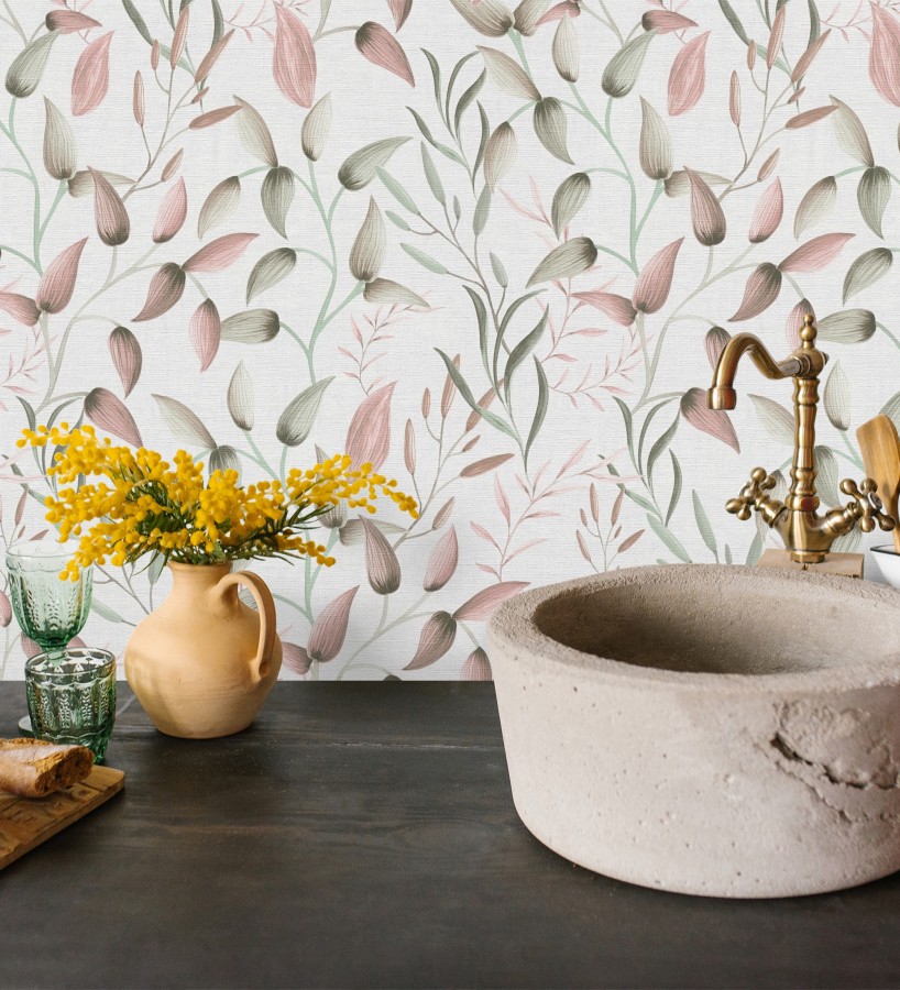 Papel pintado botánico vintage de hojas rosa y beige neutro  Saya Sweet 684974