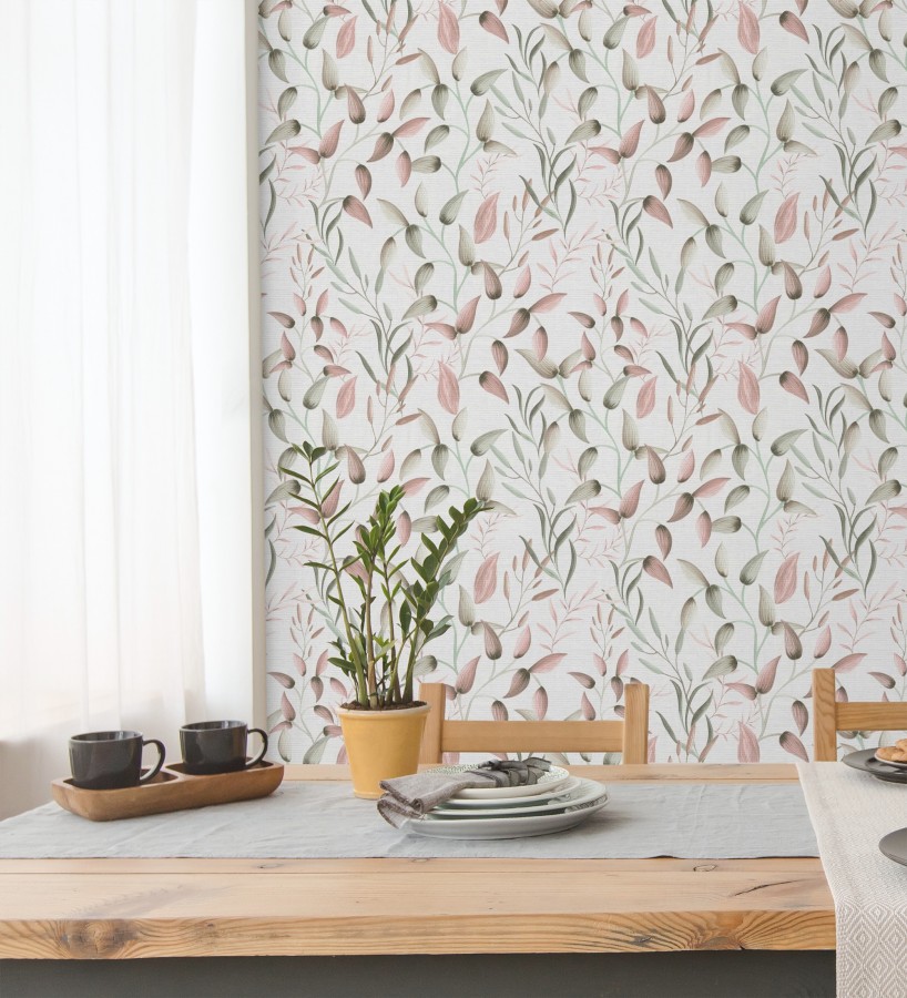 Papel pintado botánico vintage de hojas rosa y beige neutro  Saya Sweet 684974