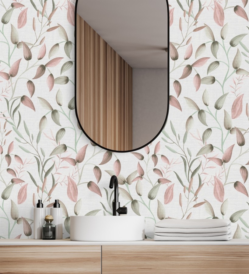 Papel pintado botánico vintage de hojas rosa y beige neutro  Saya Sweet 684974