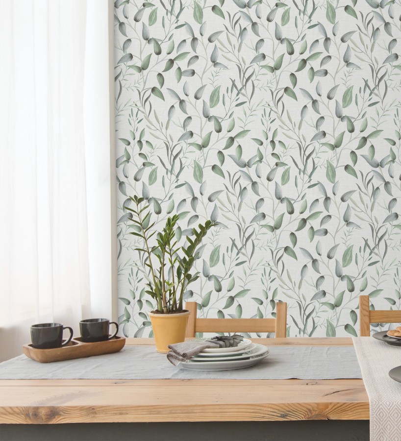 Papel pintado botánico vintage de hojas verdes y azul grisáceo  Saya Sweet 684975
