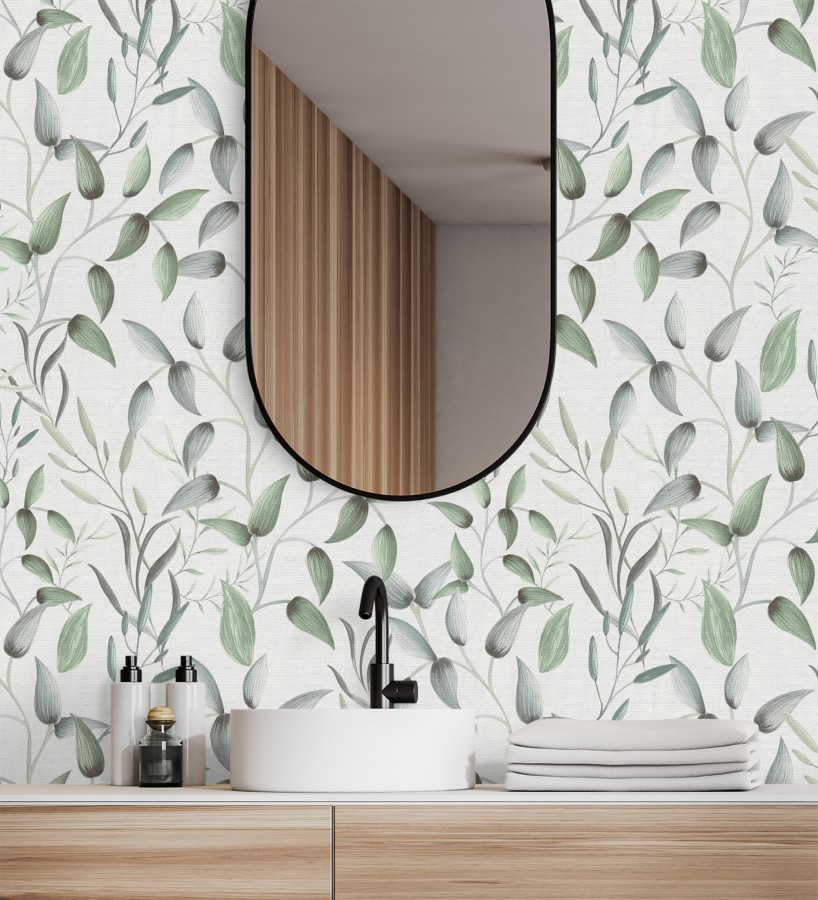 Papel pintado botánico vintage de hojas verdes y azul grisáceo  Saya Sweet 684975