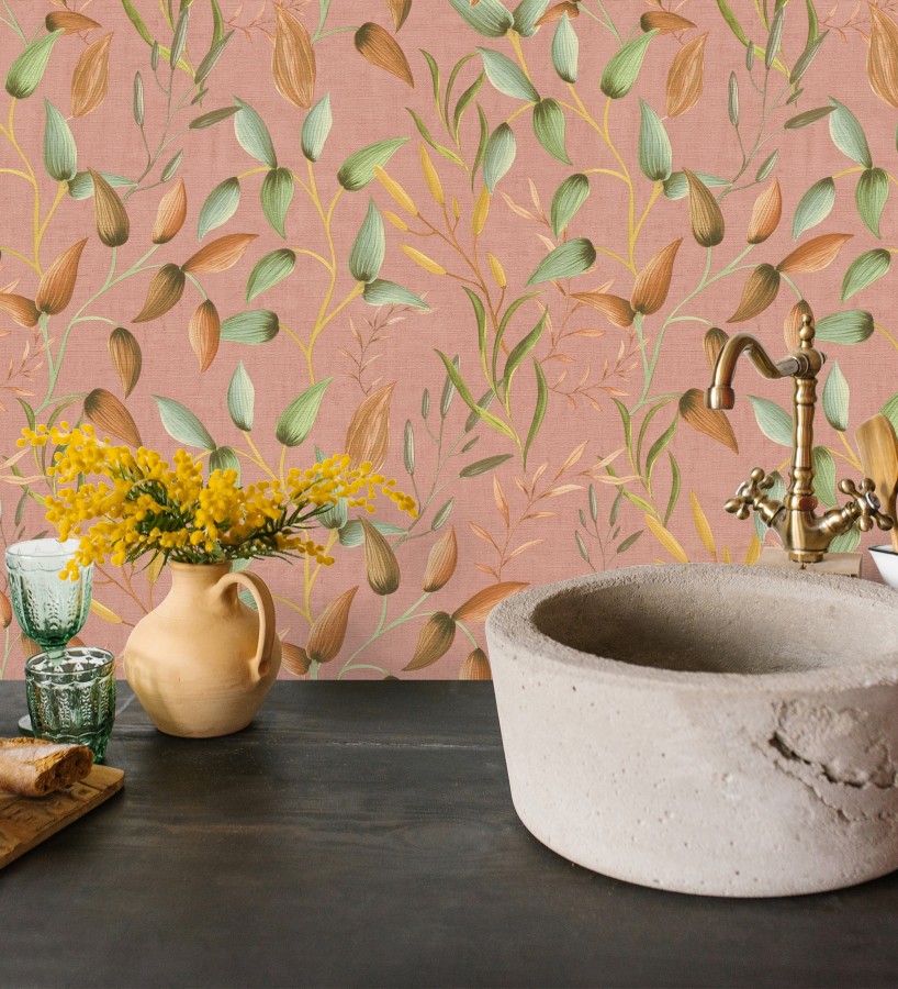 Papel pintado botánico vintage de hojas verde laurel y terracota  Saya Sweet 684976