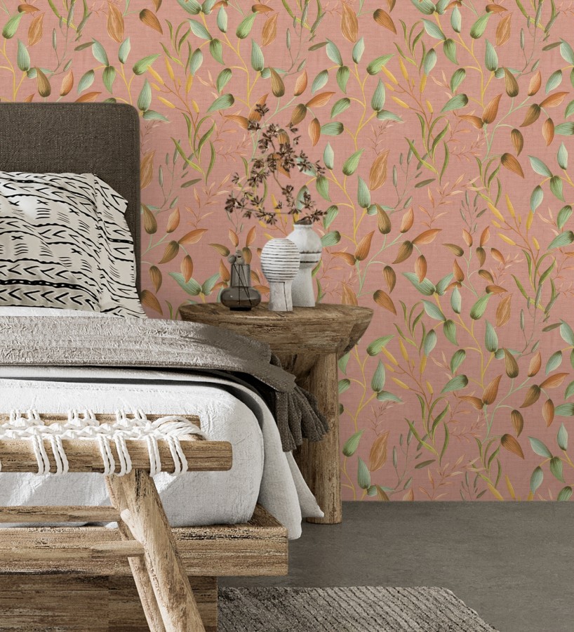 Papel pintado botánico vintage de hojas verde laurel y terracota  Saya Sweet 684976