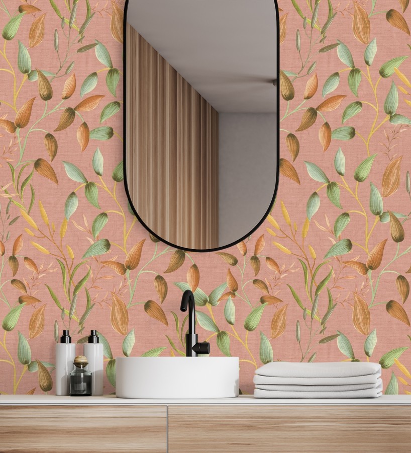 Papel pintado botánico vintage de hojas verde laurel y terracota  Saya Sweet 684976