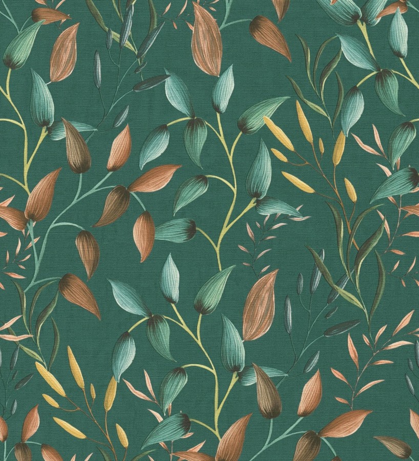 Papel pintado botánico vintage de hojas terracota fondo verde esmeralda  Saya Sweet 684977