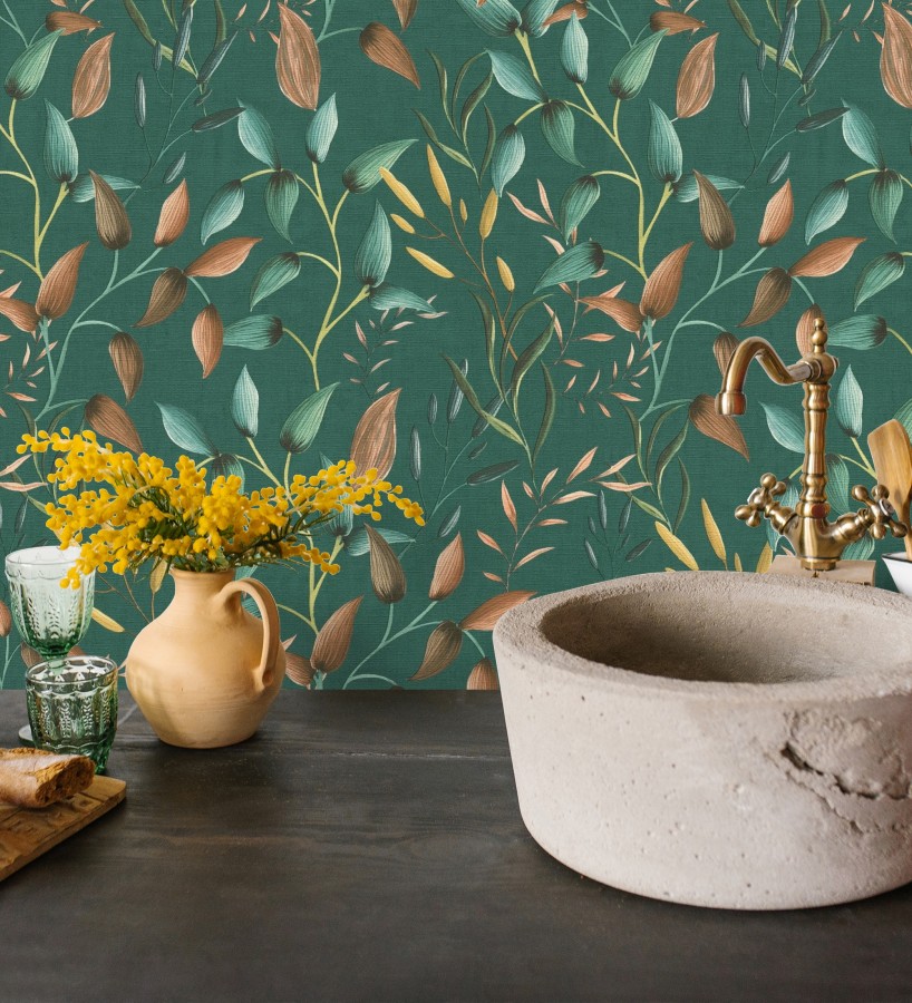 Papel pintado botánico vintage de hojas terracota fondo verde esmeralda  Saya Sweet 684977