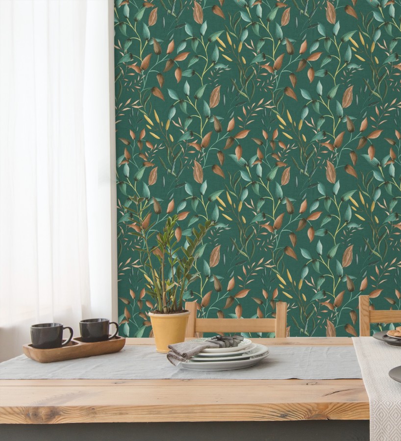Papel pintado botánico vintage de hojas terracota fondo verde esmeralda  Saya Sweet 684977