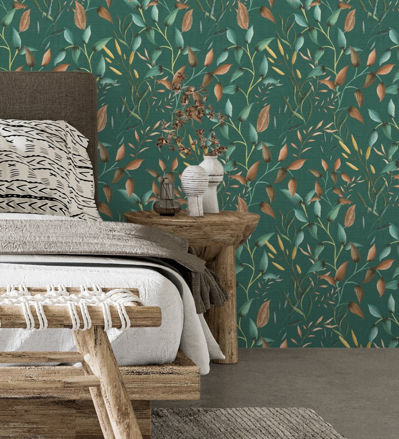 Papel pintado botánico vintage de hojas terracota fondo verde esmeralda  Saya Sweet 684977