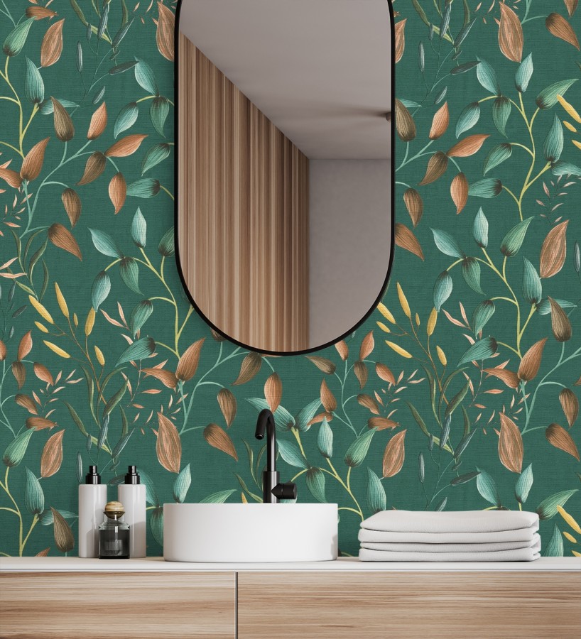 Papel pintado botánico vintage de hojas terracota fondo verde esmeralda  Saya Sweet 684977