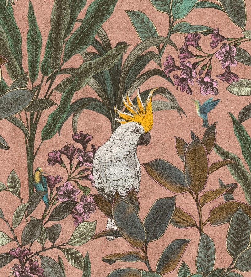 Papel pintado cacatúas efecto pátina craquelada tono salmón  Cockatoo Bright 684978