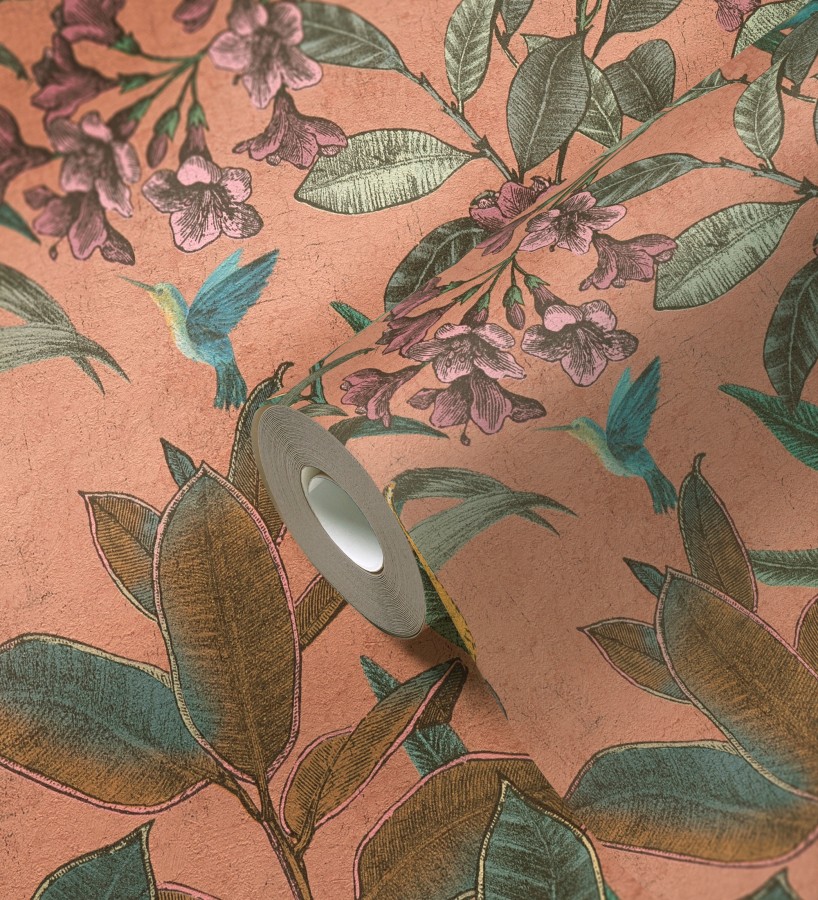 Papel pintado cacatúas efecto pátina craquelada tono salmón  Cockatoo Bright 684978