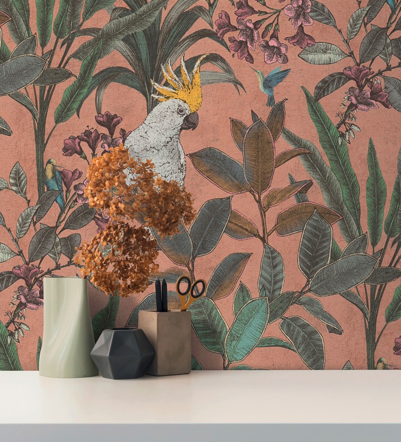 Papel pintado cacatúas efecto pátina craquelada tono salmón  Cockatoo Bright 684978