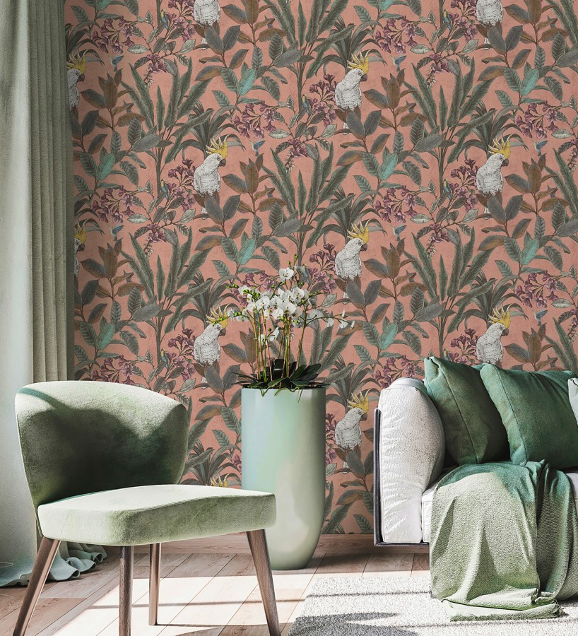 Papel pintado cacatúas efecto pátina craquelada tono salmón  Cockatoo Bright 684978