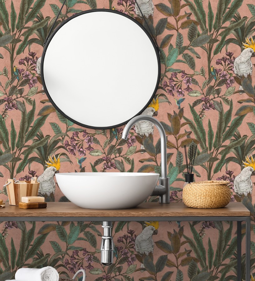 Papel pintado cacatúas efecto pátina craquelada tono salmón  Cockatoo Bright 684978