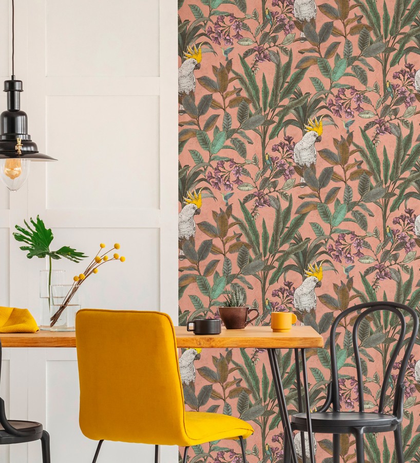 Papel pintado cacatúas efecto pátina craquelada tono salmón  Cockatoo Bright 684978