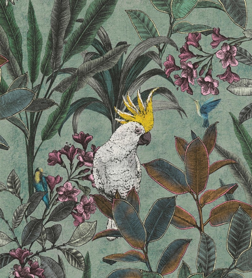 Papel pintado cacatúas efecto pátina craquelada tono verde salvia  Cockatoo Bright 684979