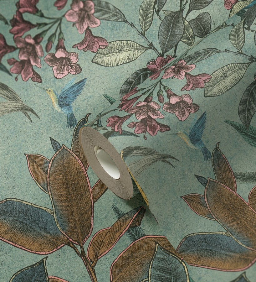 Papel pintado cacatúas efecto pátina craquelada tono verde salvia  Cockatoo Bright 684979