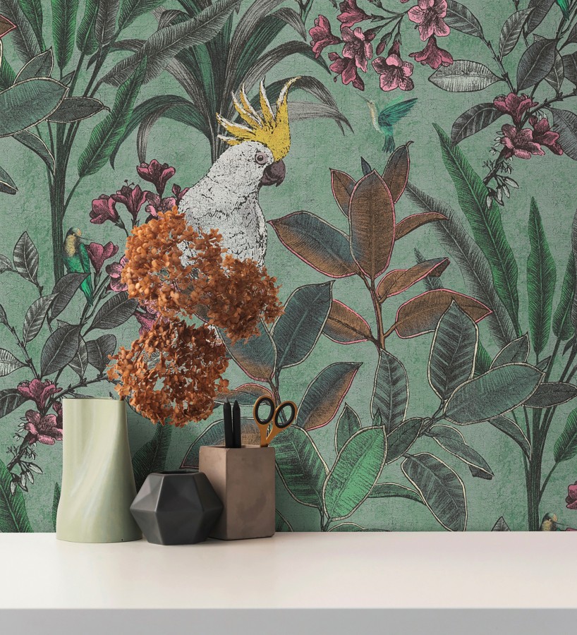 Papel pintado cacatúas efecto pátina craquelada tono verde salvia  Cockatoo Bright 684979
