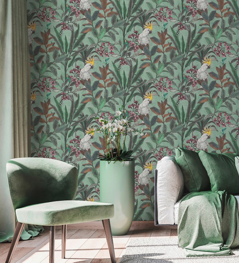 Papel pintado cacatúas efecto pátina craquelada tono verde salvia  Cockatoo Bright 684979