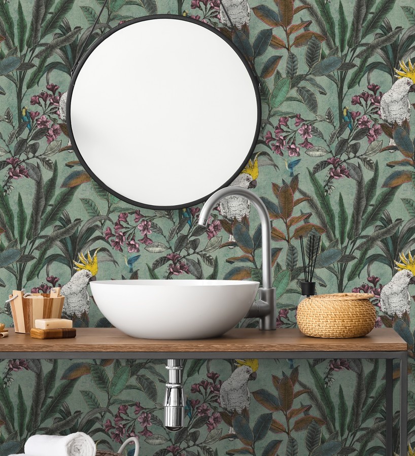 Papel pintado cacatúas efecto pátina craquelada tono verde salvia  Cockatoo Bright 684979