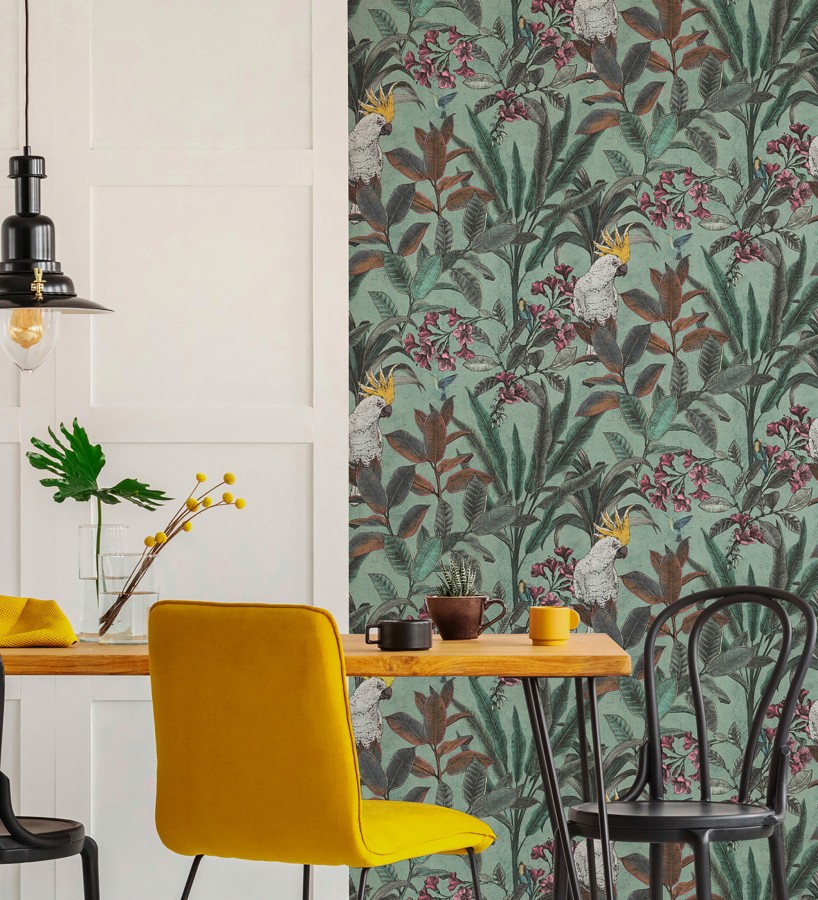 Papel pintado cacatúas efecto pátina craquelada tono verde salvia  Cockatoo Bright 684979