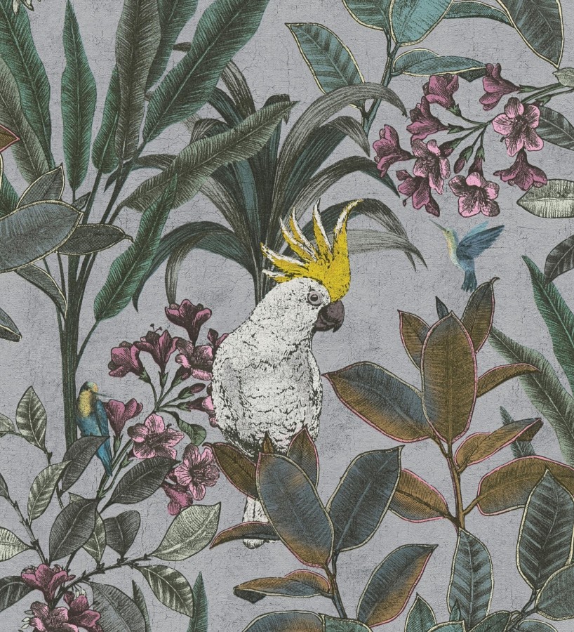 Papel pintado cacatúas efecto pátina craquelada tono gris lavanda claro  Cockatoo Bright 684980