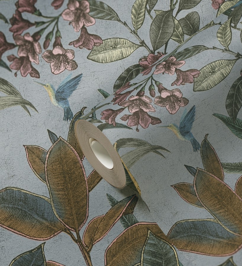 Papel pintado cacatúas efecto pátina craquelada tono gris lavanda claro  Cockatoo Bright 684980