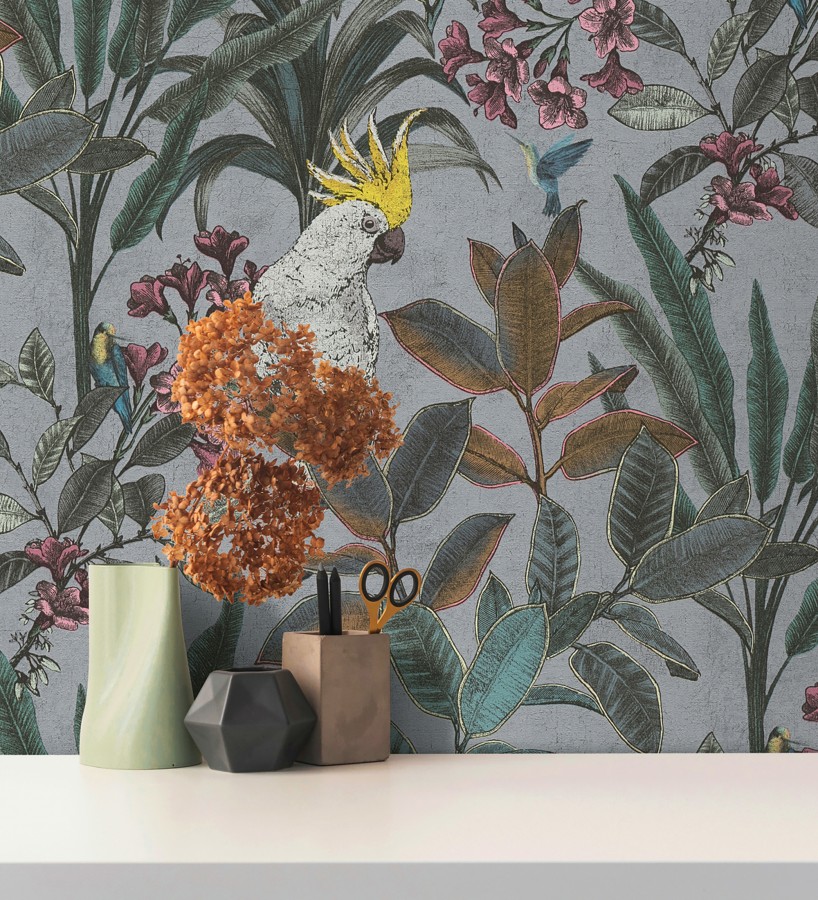 Papel pintado cacatúas efecto pátina craquelada tono gris lavanda claro  Cockatoo Bright 684980