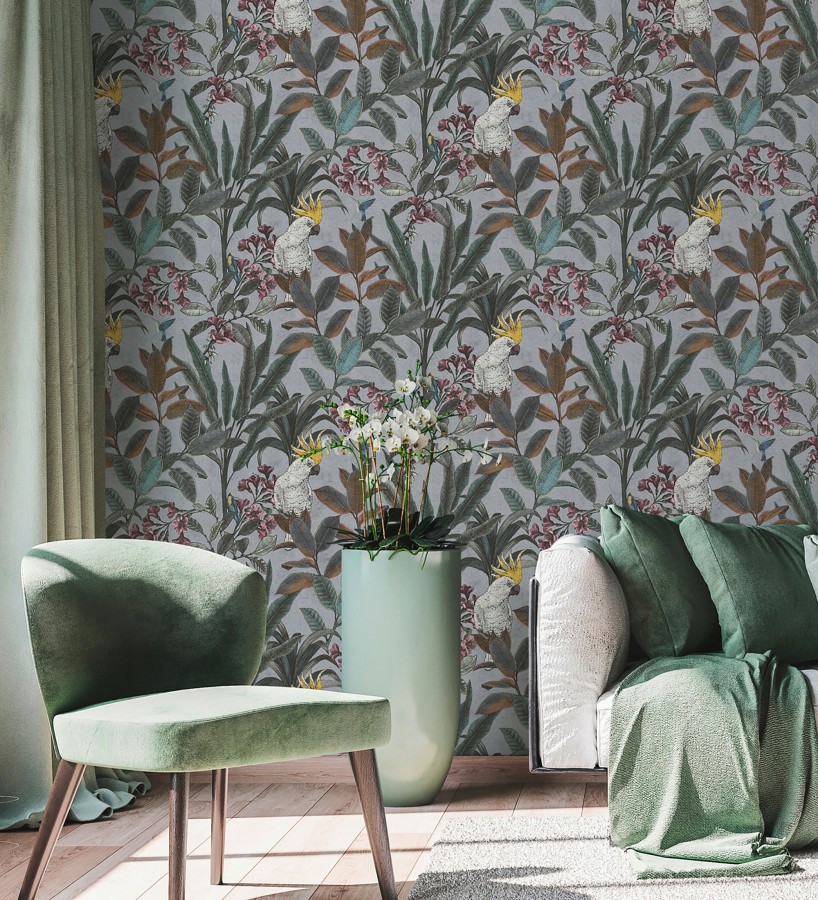 Papel pintado cacatúas efecto pátina craquelada tono gris lavanda claro  Cockatoo Bright 684980