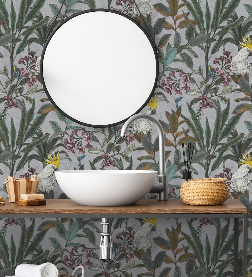 Papel pintado cacatúas efecto pátina craquelada tono gris lavanda claro  Cockatoo Bright 684980