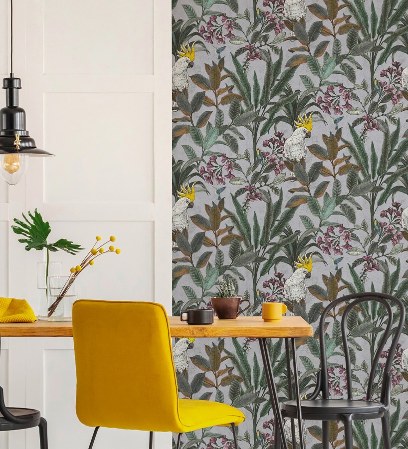Papel pintado cacatúas efecto pátina craquelada tono gris lavanda claro  Cockatoo Bright 684980