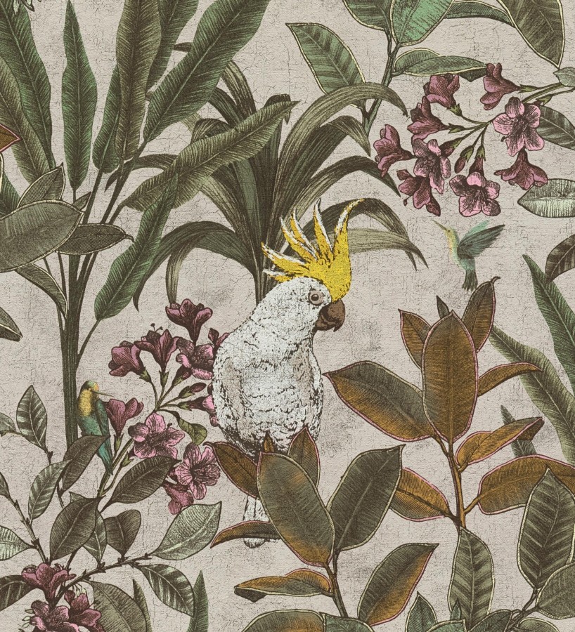 Papel pintado cacatúas efecto pátina craquelada tono arena  Cockatoo Bright 684981