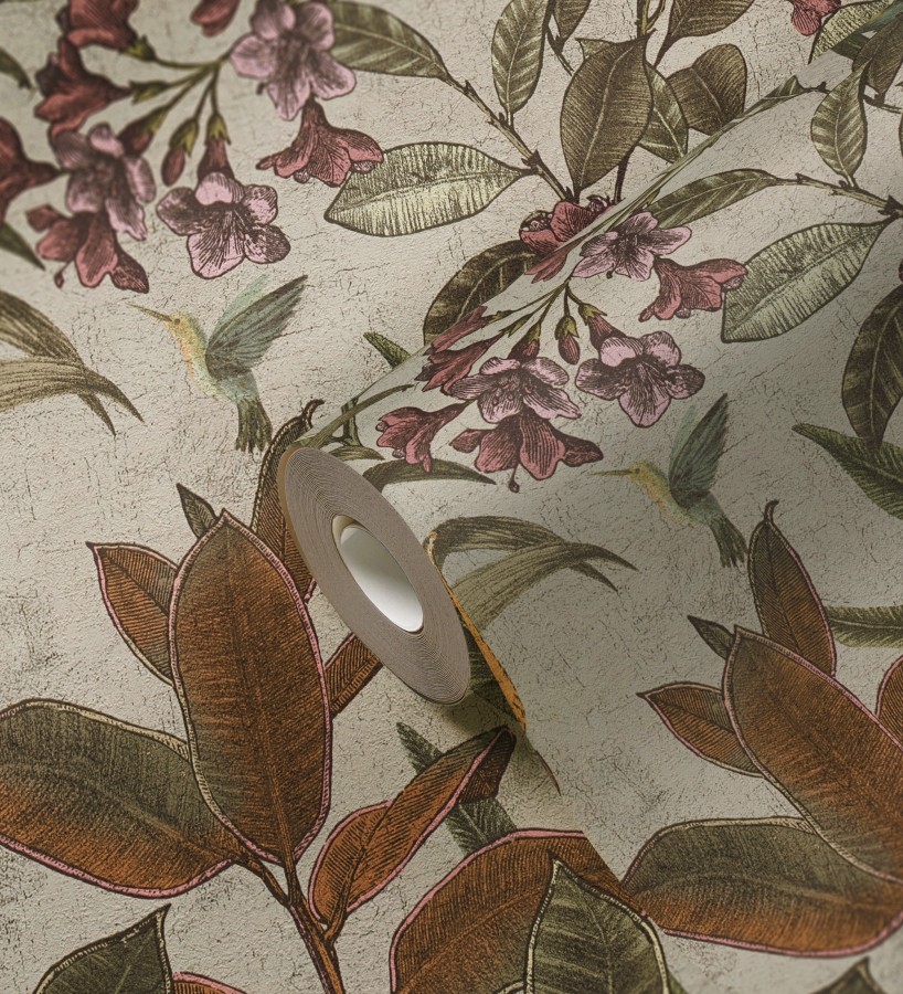 Papel pintado cacatúas efecto pátina craquelada tono arena  Cockatoo Bright 684981