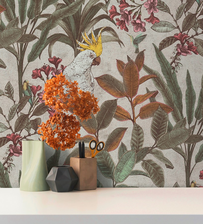 Papel pintado cacatúas efecto pátina craquelada tono arena  Cockatoo Bright 684981